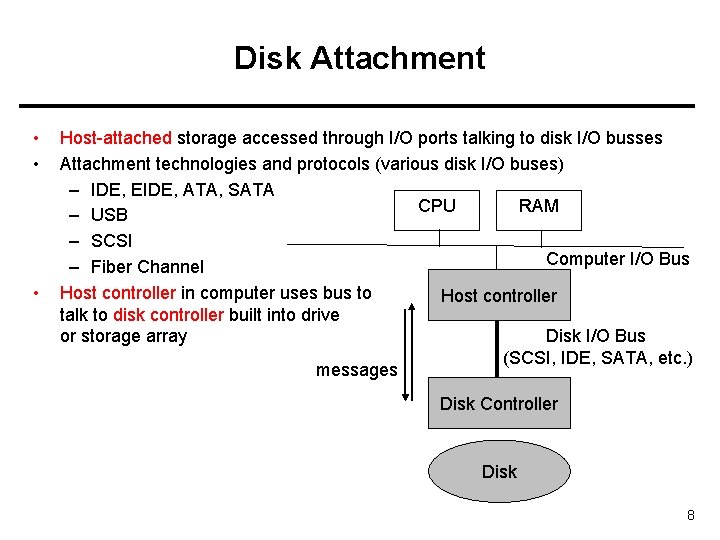 Disk Attachment • • • Host-attached storage accessed through I/O ports talking to disk