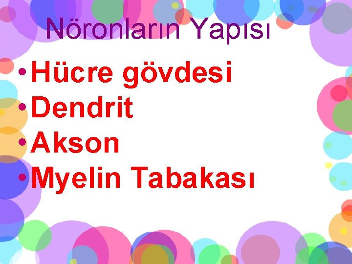 Nöronların Yapısı • Hücre gövdesi • Dendrit • Akson • Myelin Tabakası 