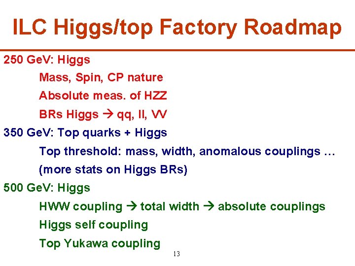 ILC Higgs/top Factory Roadmap 250 Ge. V: Higgs Mass, Spin, CP nature Absolute meas.