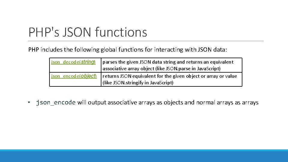 PHP's JSON functions PHP includes the following global functions for interacting with JSON data: