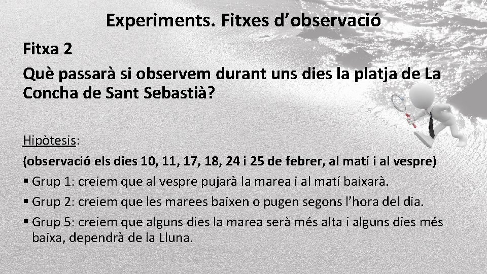 Experiments. Fitxes d’observació Fitxa 2 Què passarà si observem durant uns dies la platja