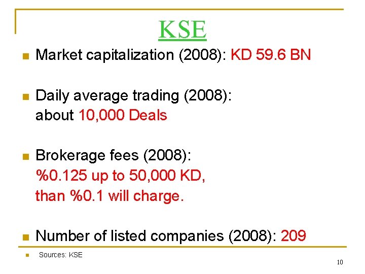 KSE n Market capitalization (2008): KD 59. 6 BN n Daily average trading (2008):