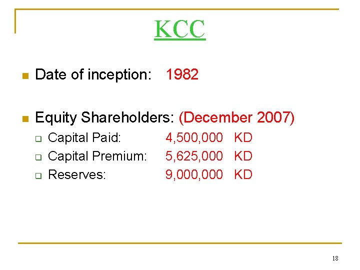 KCC n Date of inception: 1982 n Equity Shareholders: (December 2007) q q q