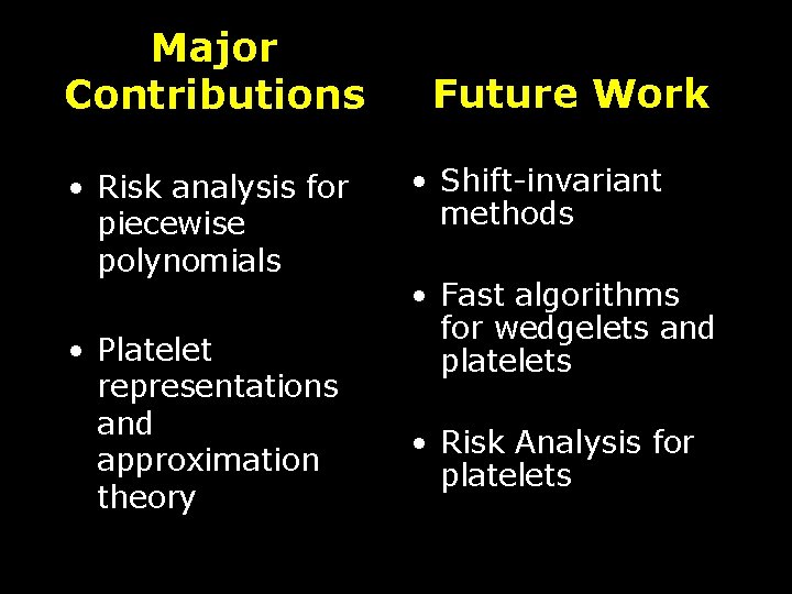 Major Contributions • Risk analysis for piecewise polynomials • Platelet representations and approximation theory
