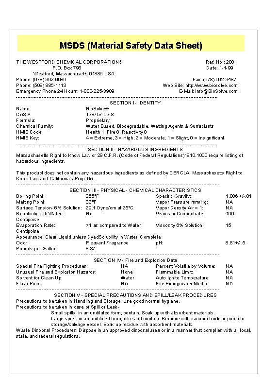 MSDS (Material Safety Data Sheet) THE WESTFORD CHEMICAL CORPORATION® Ref. No. : 2001 P.