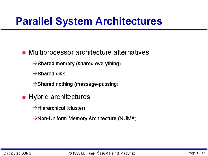 Parallel System Architectures Multiprocessor architecture alternatives Shared memory (shared everything) Shared disk Shared nothing Parallel System Architectures Multiprocessor architecture alternatives Shared memory (shared everything) Shared disk Shared nothing