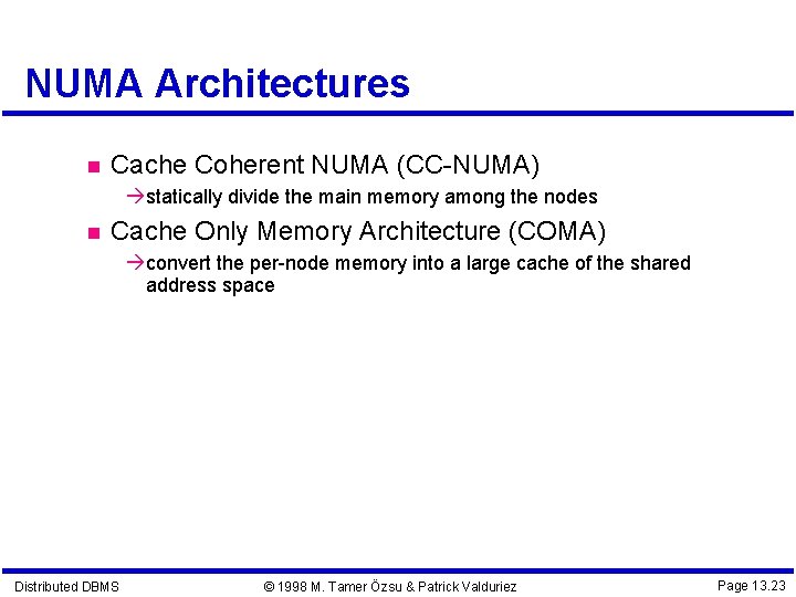 NUMA Architectures Cache Coherent NUMA (CC-NUMA) statically divide the main memory among the nodes NUMA Architectures Cache Coherent NUMA (CC-NUMA) statically divide the main memory among the nodes