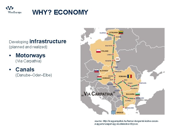 WHY? ECONOMY Developing infrastructure (planned and realized): • Motorways (Via Carpathia) • Canals (Danube–Oder–Elbe)