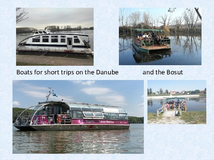 Boats for short trips on the Danube and the Bosut 