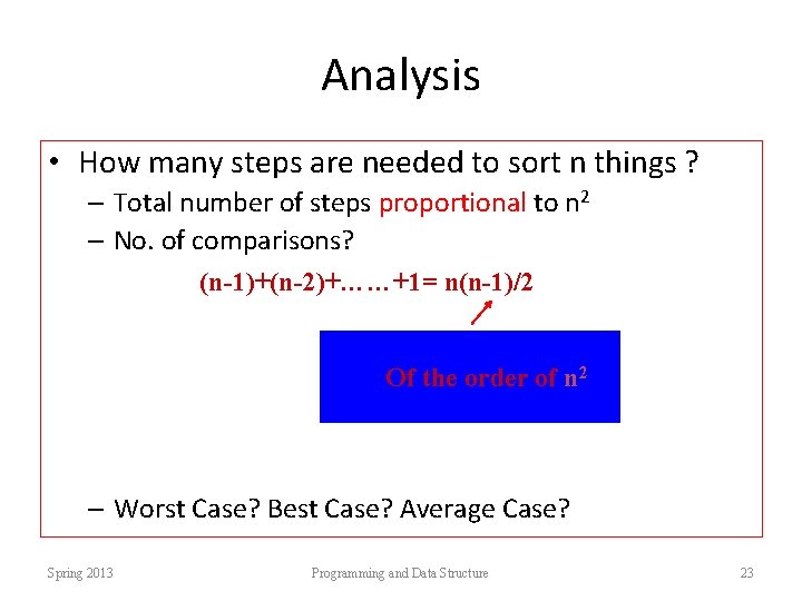 Analysis • How many steps are needed to sort n things ? – Total