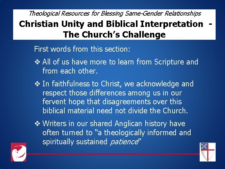 Theological Resources for Blessing Same-Gender Relationships Christian Unity and Biblical Interpretation The Church’s Challenge