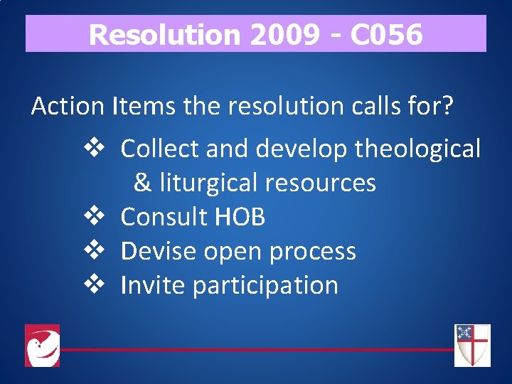 Resolution 2009 - C 056 Action Items the resolution calls for? v Collect and
