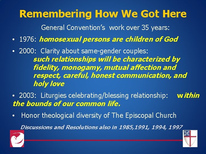 Remembering How We Got Here General Convention’s work over 35 years: • 1976: homosexual