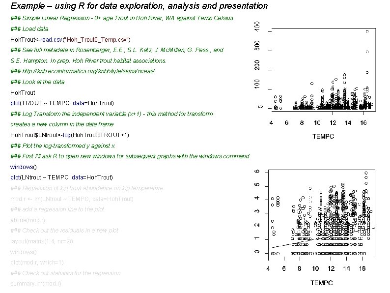 Example – using R for data exploration, analysis and presentation ### Simple Linear Regression