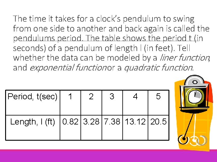 The time it takes for a clock’s pendulum to swing from one side to The time it takes for a clock’s pendulum to swing from one side to