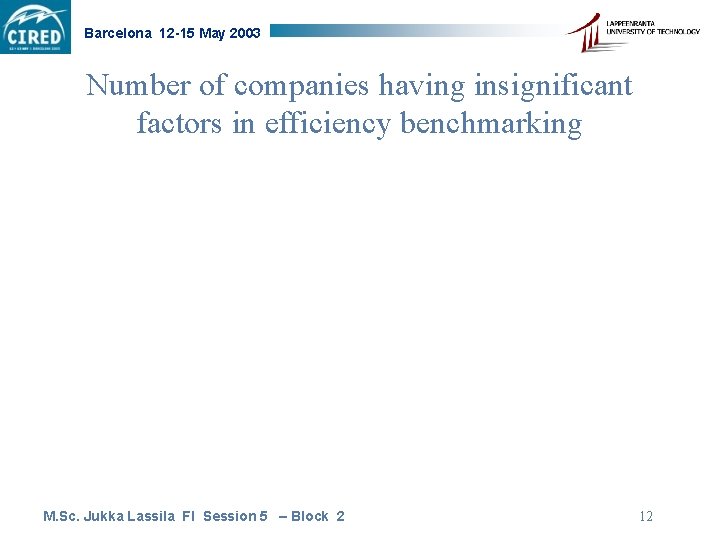 Barcelona 12 -15 May 2003 Number of companies having insignificant factors in efficiency benchmarking