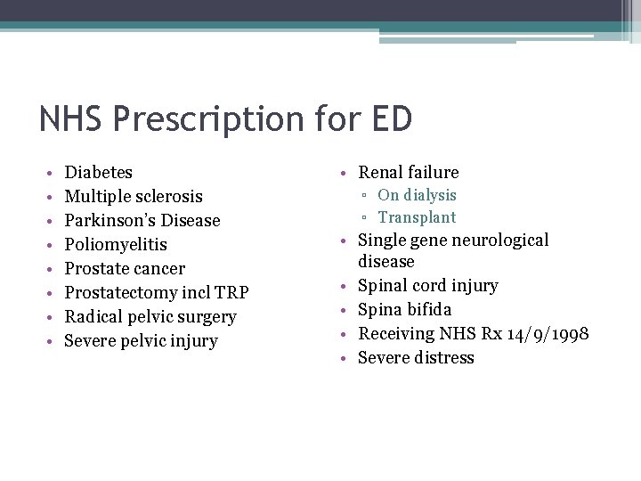 NHS Prescription for ED • • Diabetes Multiple sclerosis Parkinson’s Disease Poliomyelitis Prostate cancer