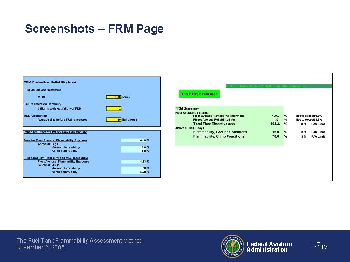 Screenshots – FRM Page The Fuel Tank Flammability Assessment Method November 2, 2005 Federal