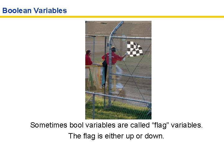 Boolean Variables Sometimes bool variables are called “flag” variables. The flag is either up