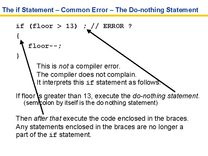 The if Statement – Common Error – The Do-nothing Statement if (floor > 13)