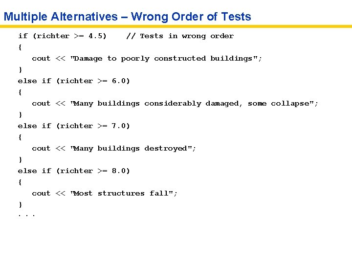 Multiple Alternatives – Wrong Order of Tests if (richter >= 4. 5) // Tests
