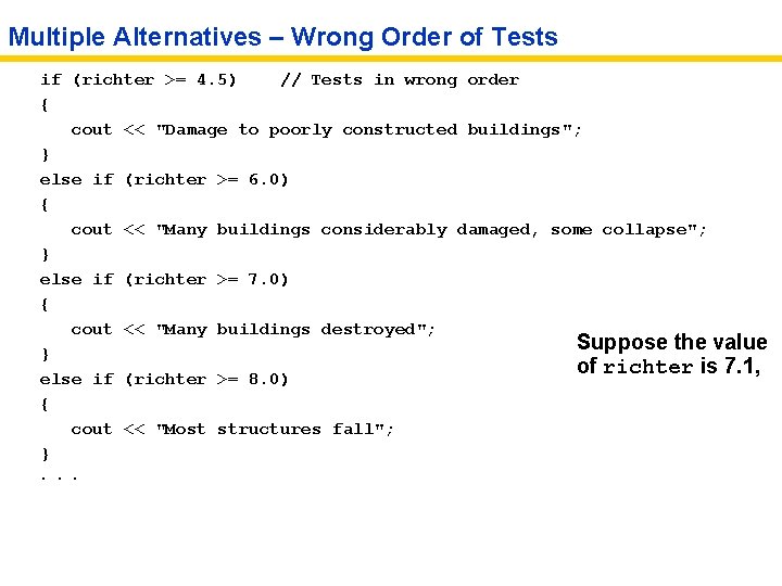Multiple Alternatives – Wrong Order of Tests if (richter >= 4. 5) // Tests