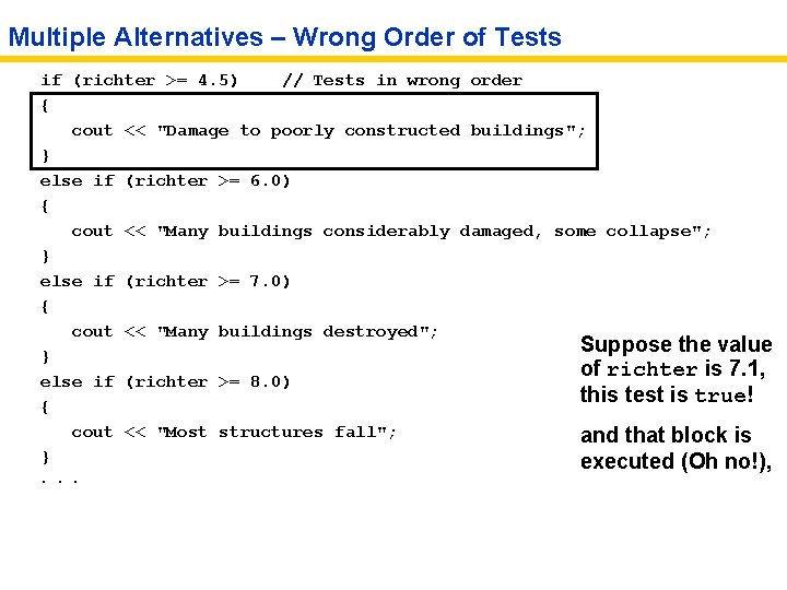 Multiple Alternatives – Wrong Order of Tests if (richter >= 4. 5) // Tests