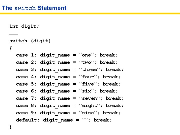 The switch Statement int digit; ……… switch (digit) { case 1: digit_name = "one";