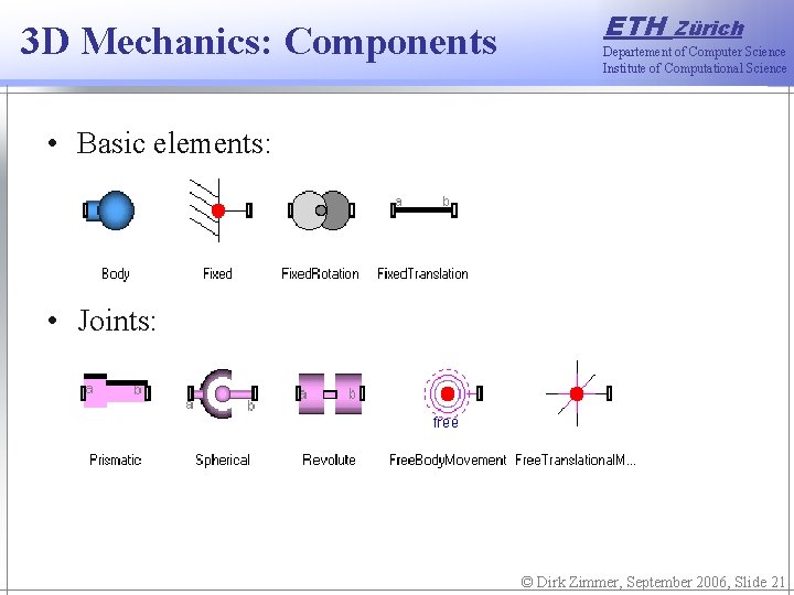 3 D Mechanics: Components ETH Zürich Departement of Computer Science Institute of Computational Science