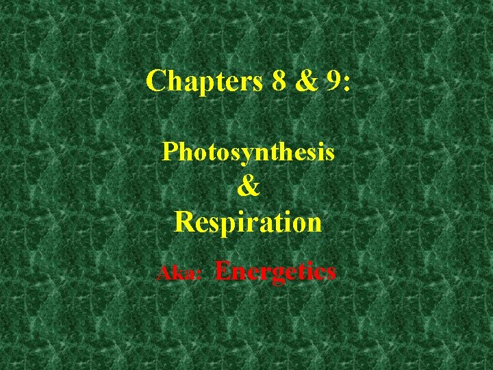 Chapters 8 & 9: Photosynthesis & Respiration Aka: Energetics 