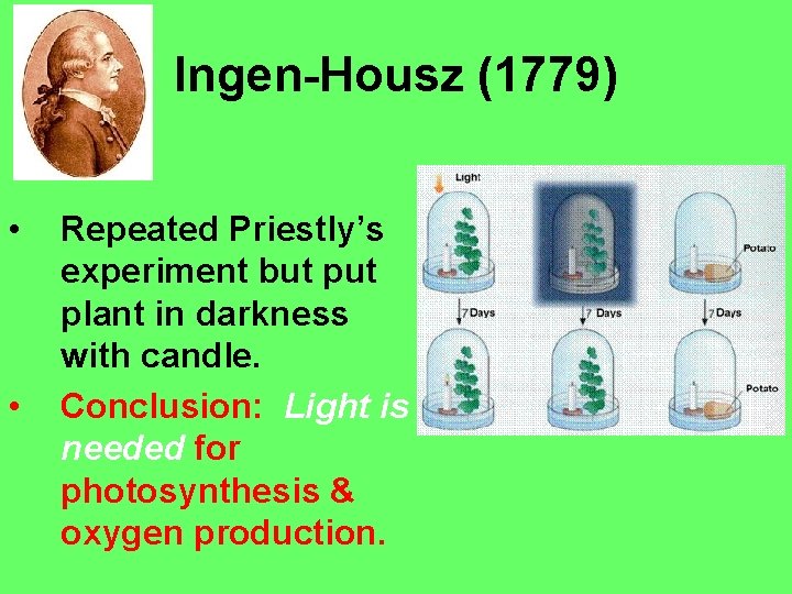 Ingen Housz (1779) • • Repeated Priestly’s experiment but plant in darkness with candle.