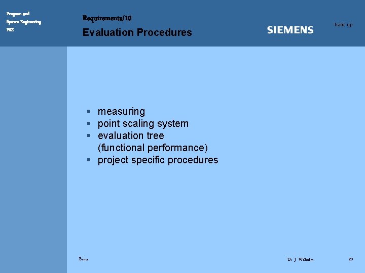 Program and System Engineering PSE Requirements/10 back up Evaluation Procedures § measuring § point