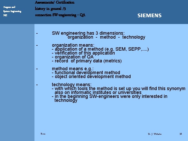 Program and System Engineering PSE Assessments/ Certification history in general /3 connection SW-engineering -
