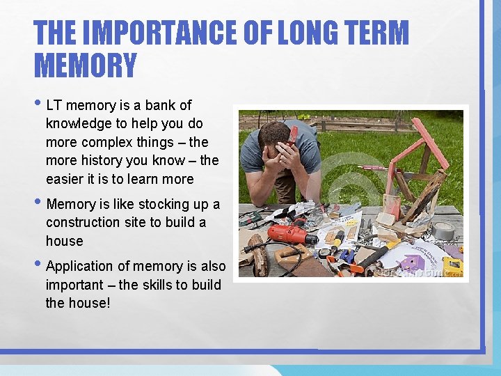 THE IMPORTANCE OF LONG TERM MEMORY • LT memory is a bank of knowledge