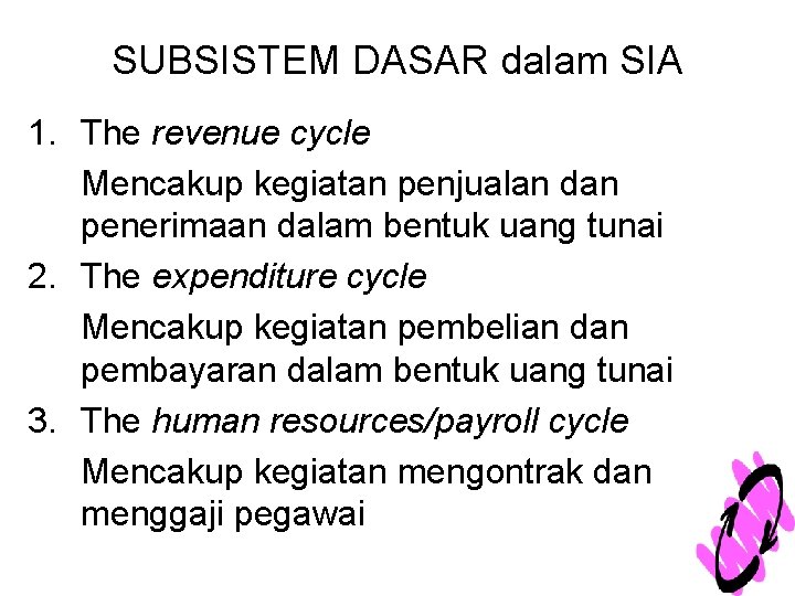 SUBSISTEM DASAR dalam SIA 1. The revenue cycle Mencakup kegiatan penjualan dan penerimaan dalam