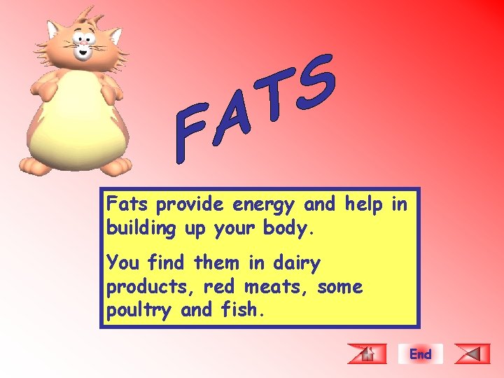 Fats provide energy and help in building up your body. You find them in