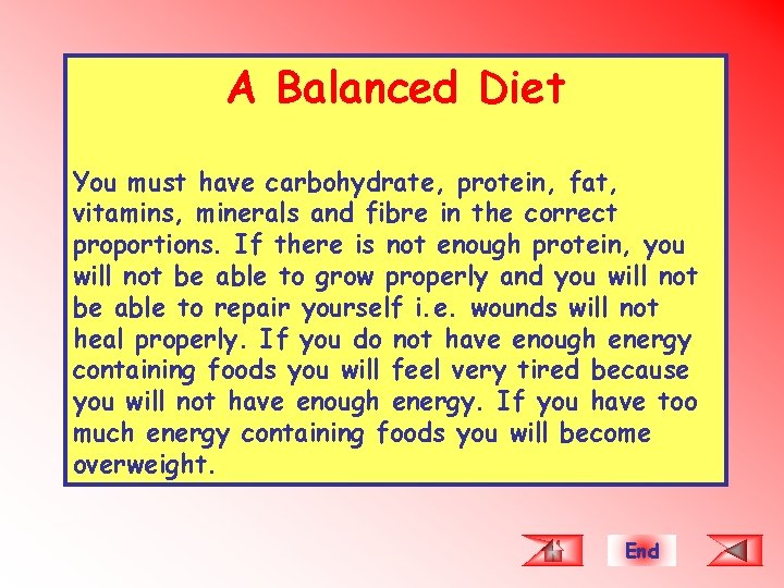 A Balanced Diet You must have carbohydrate, protein, fat, vitamins, minerals and fibre in