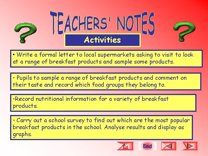 Activities • Write a formal letter to local supermarkets asking to visit to look