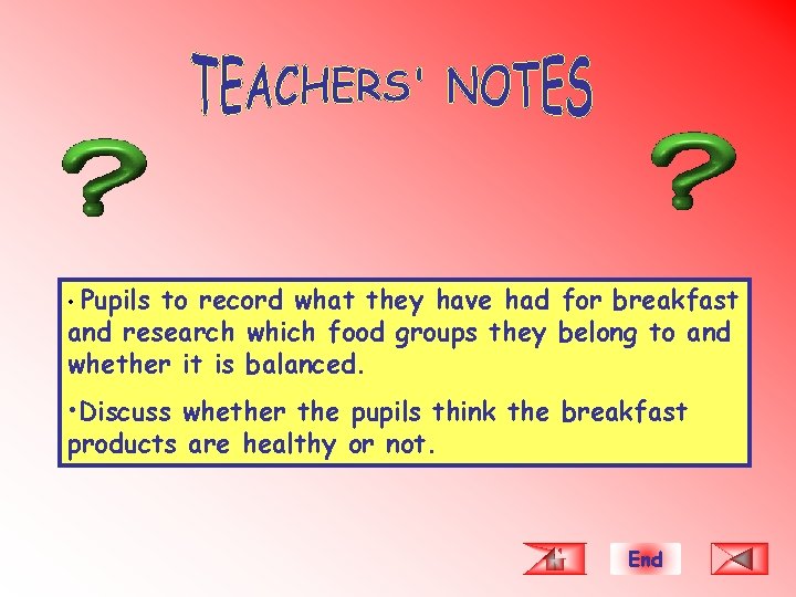  • Pupils to record what they have had for breakfast and research which