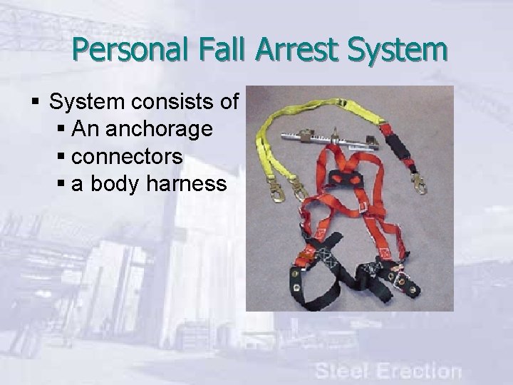 Personal Fall Arrest System § System consists of § An anchorage § connectors §