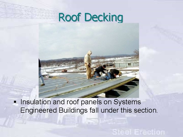 Roof Decking § Insulation and roof panels on Systems Engineered Buildings fall under this