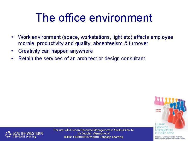 The office environment • Work environment (space, workstations, light etc) affects employee morale, productivity