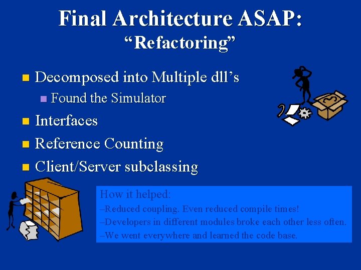 Final Architecture ASAP: “Refactoring” n Decomposed into Multiple dll’s n Found the Simulator Interfaces