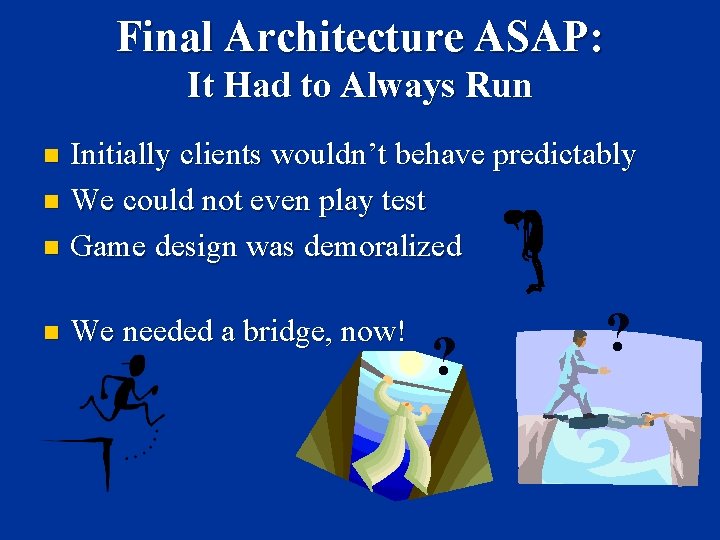 Final Architecture ASAP: It Had to Always Run Initially clients wouldn’t behave predictably n
