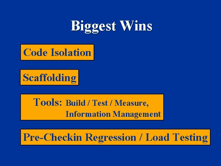 Biggest Wins Code Isolation Scaffolding Tools: Build / Test / Measure, Information Management Pre-Checkin