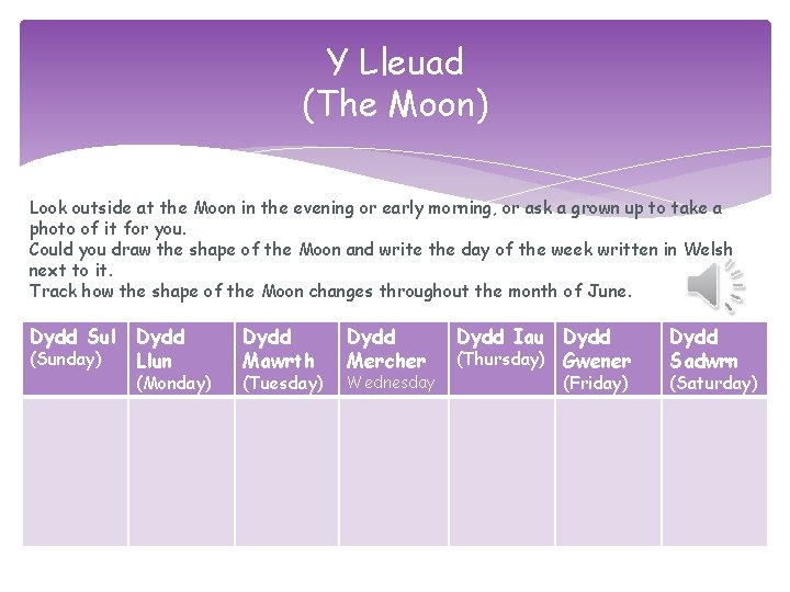 Y Lleuad (The Moon) Look outside at the Moon in the evening or early