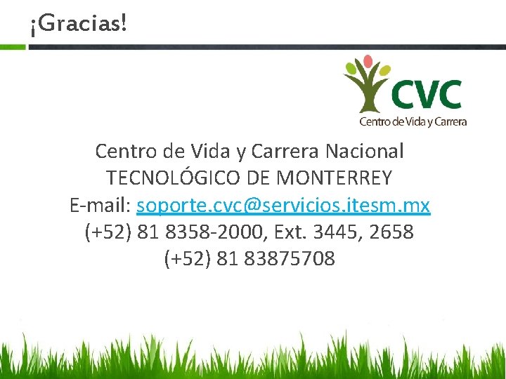 ¡Gracias! Centro de Vida y Carrera Nacional TECNOLÓGICO DE MONTERREY E-mail: soporte. cvc@servicios. itesm.