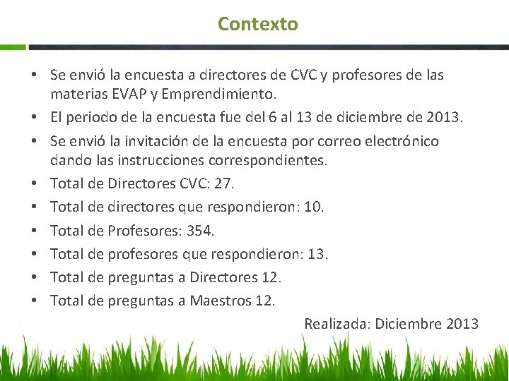 Contexto • Se envió la encuesta a directores de CVC y profesores de las