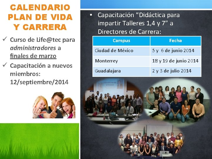 CALENDARIO PLAN DE VIDA Y CARRERA ü Curso de Life@tec para administradores a finales