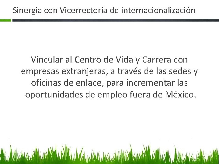 Sinergia con Vicerrectoría de internacionalización Vincular al Centro de Vida y Carrera con empresas